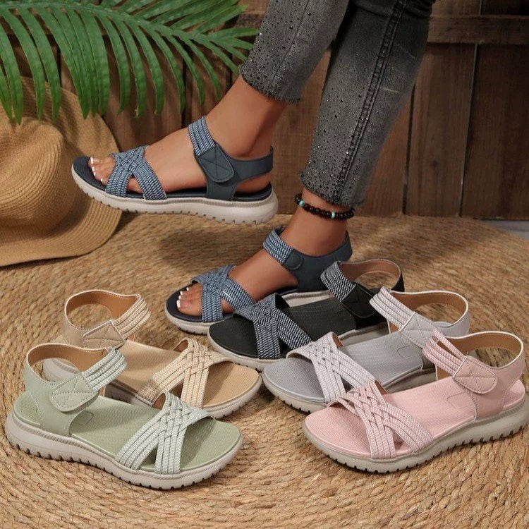 Open Toe Woven Strap Flat Sandals in PU Leather and Rubber