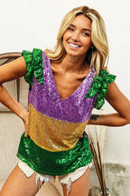 BiBi Womens Blouse Mardi Gras Sequin Color Block Ruffled Top Short Sleeve a05c197067434678a5dc421e16452050-Max-Origin Trendsi