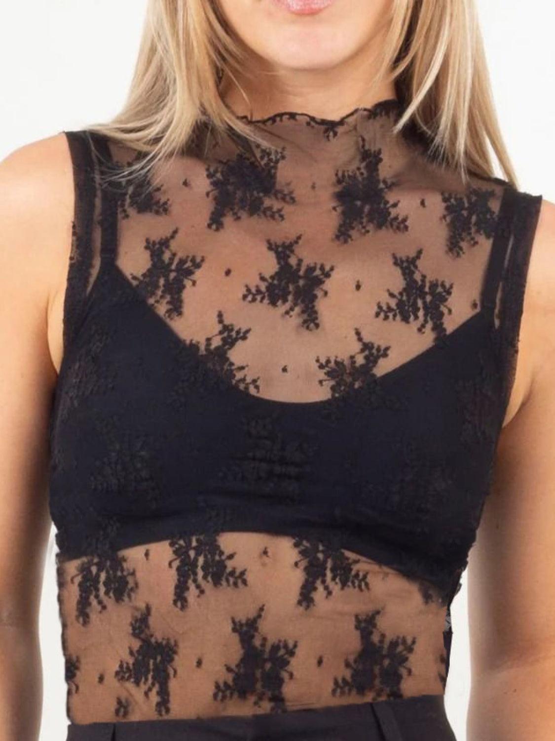 Floral Lace Top Mock Neck Sleeveless Transparent Tank Tops a06bb169-d32f-4811-b530-6b1ff4027b10-Max Trendsi