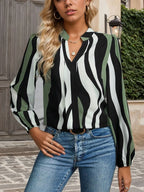 Women's Blouse Sage Striped Notched Long Sleeve Top Sage a076f6d2-bcd7-4fa7-8c43-7734e8ddc42e-Max-Origin Trendsi