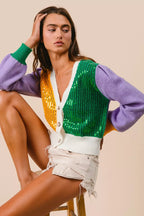 BiBi Sequin Sweater Cardigan Mardi Gras Color Block Buttoned Long Sleeve a07ae4d86e17482587ee6250b12efd0d-Max-Origin Trendsi