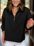 Textured Sweatshirt Half Zip Long Sleeve Tops Black a07be071-7d96-4e30-a25b-7ecca582fb2a-Max Trendsi