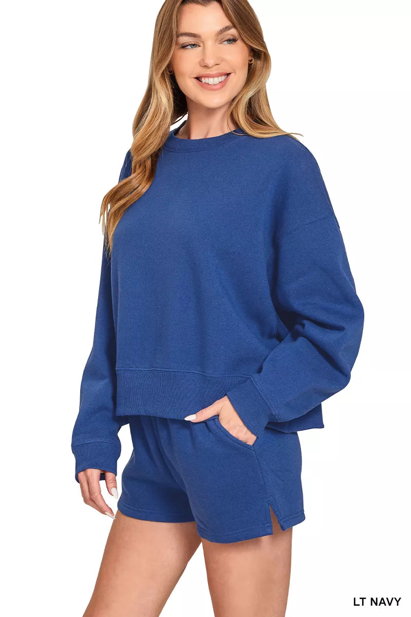 Zenana Fleece Womens Outfit Set Navy Blue Sweatshirt Long Sleeve and Shorts