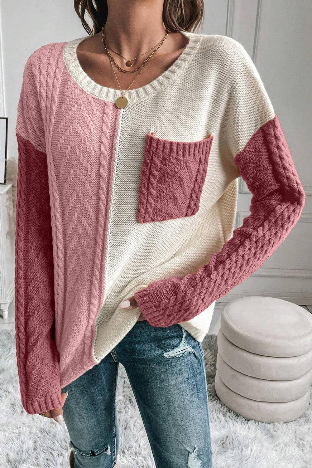 Sweater Color Block Round Neck Long Sleeve Knit pullover Dusty Pink a083ef0a-8eb4-426b-8f01-c1b3946a2bfa-Max Trendsi