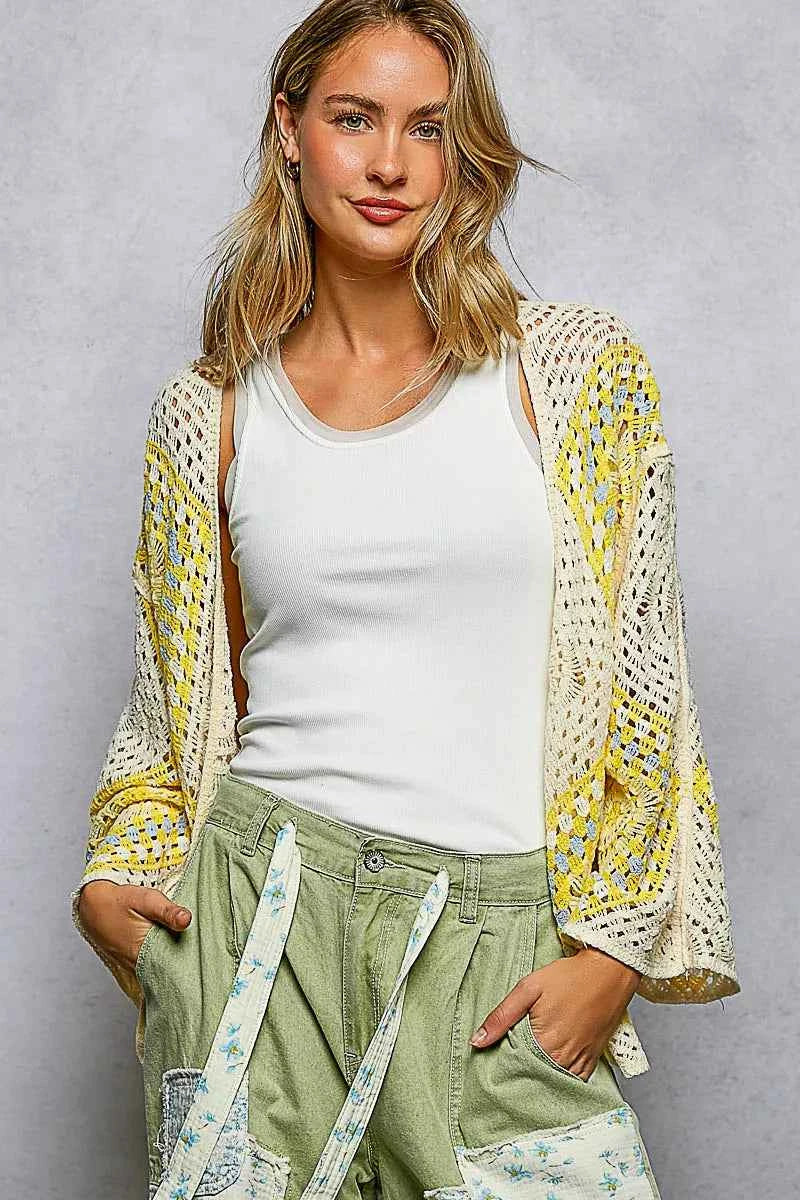 POL Crochet Cardigan Ivory Yellow Open Front with Granny Square Pattern a08cbbcf-d6a3-4754-b0d8-01d2979c4591-Max-Origin Trendsi