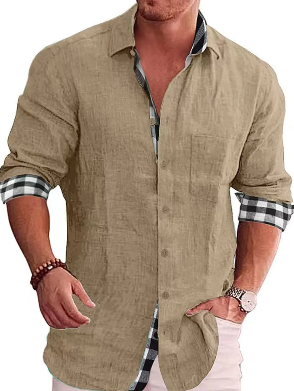 Men's Shirts Casual Cotton Blend Plaid-Trim Long Sleeve Lightweight Tops Khaki a0917afe-ba6d-4bd9-85a4-777a55e98fb5-Max-Origin Trendsi
