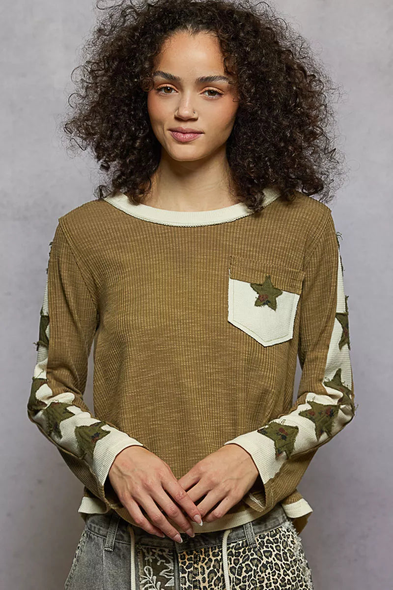 POL omens Blouse Olive Round Neck Long Sleeve T-Shirt with Star Patch a0920289-65bf-4b99-9b88-7d3d3a90ca1d-Max-Origin Trendsi