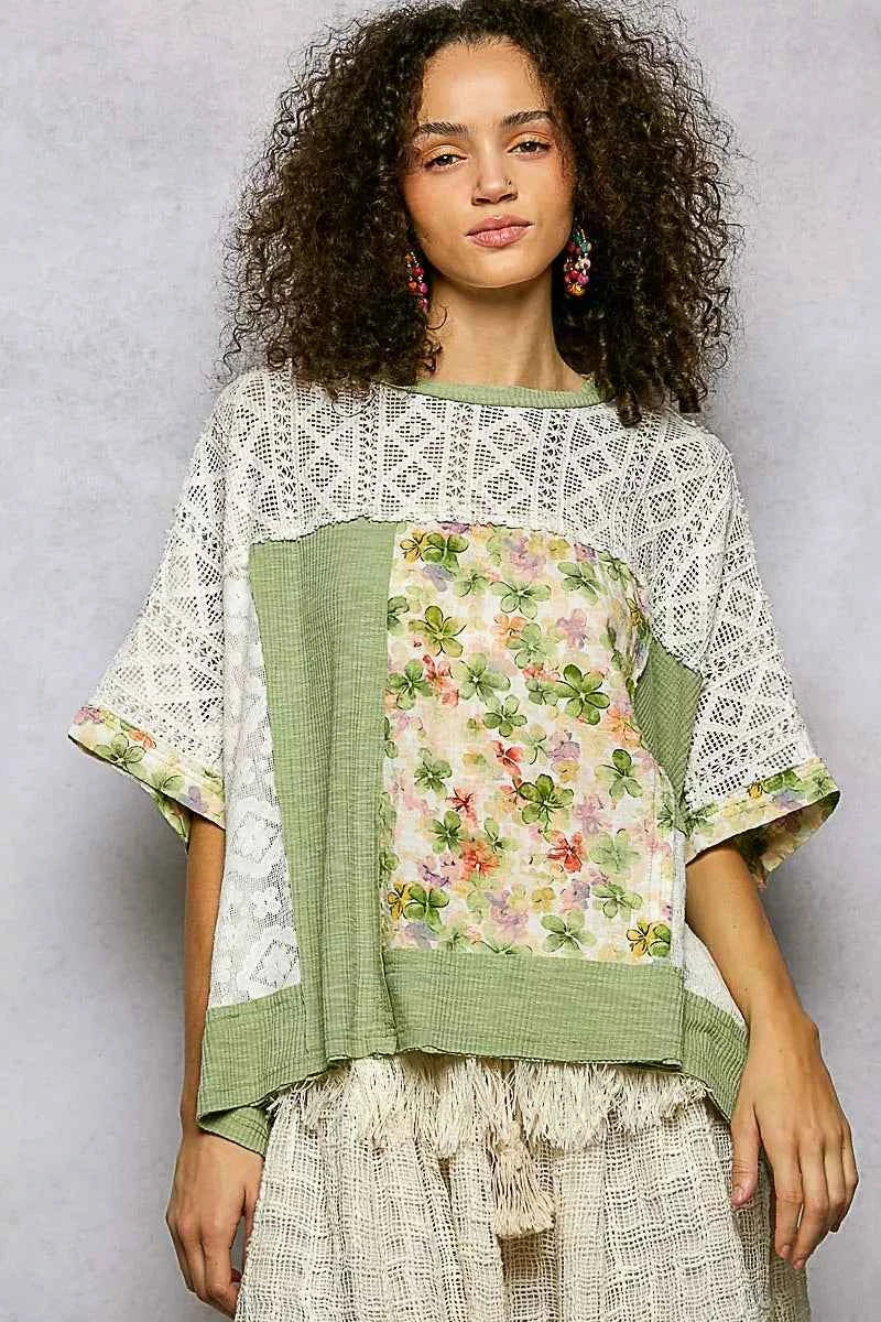 POL Floral Blouse Sage Patchwork Lace Accent Short Sleeve Top SAGE a0b0582a-66e8-4fce-8d74-000243e7578d-Max-Origin Trendsi