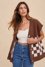 Women's Cardigan Dark Brown Annie Wear Checkered Button Down Short Sleeve a0b9012c-26d7-4e41-a17f-7aa8aaa5683e-Max Trendsi
