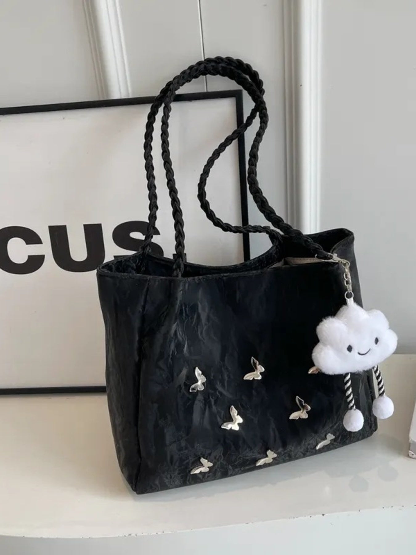 Butterfly Pattern Medium Tote Bag in PU Leather