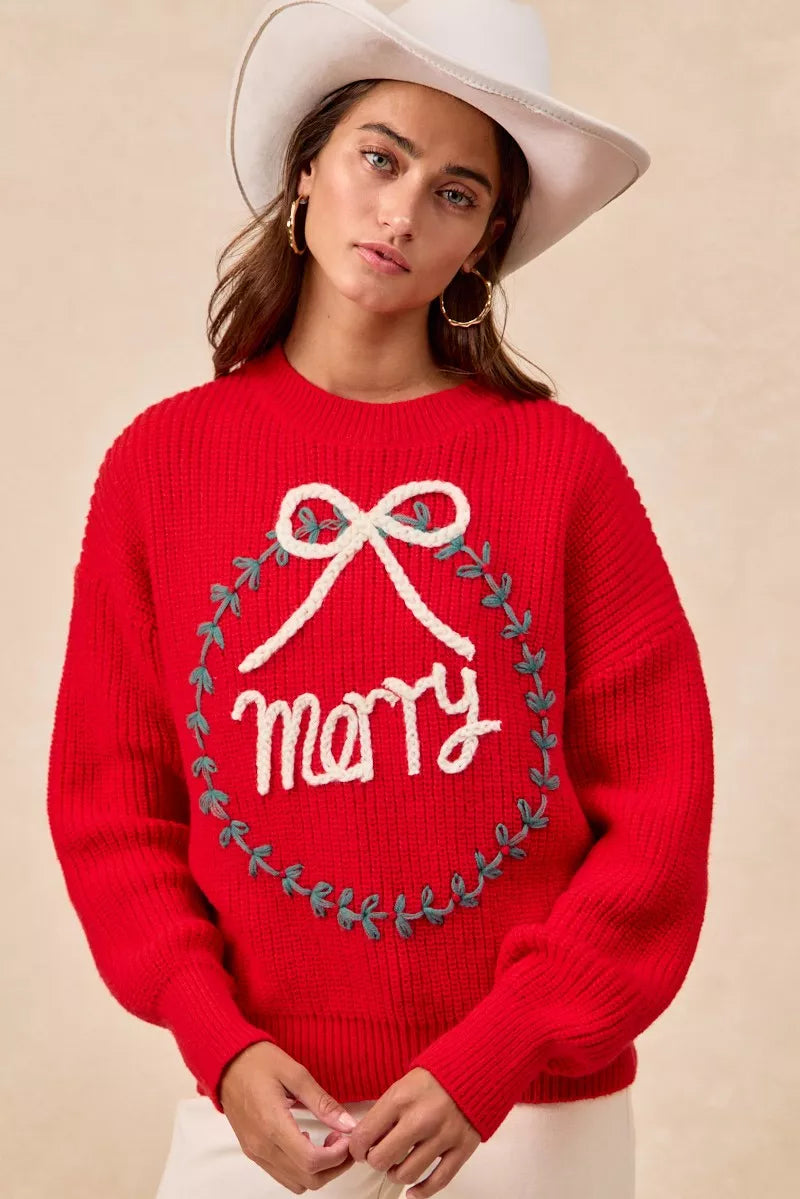 BiBi Christmas Womens Pullover Red Wreath Merry Letter Knit Top a0c2765779ab42eea84b90b17295bdca-Max-Origin Trendsi