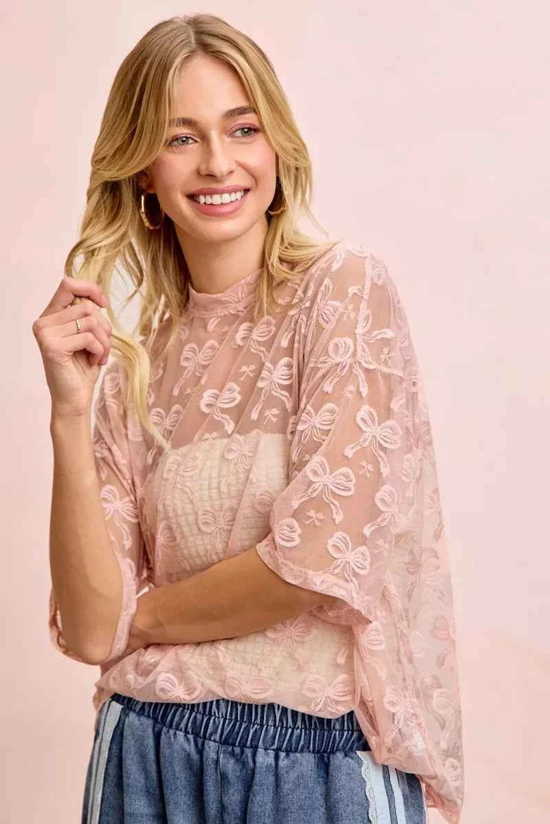 BiBi Bow Pattern Short Sleeves Boxy Mesh Top