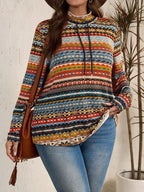 Plus Size Printed Mock Neck Long Sleeve Top with Drawstring