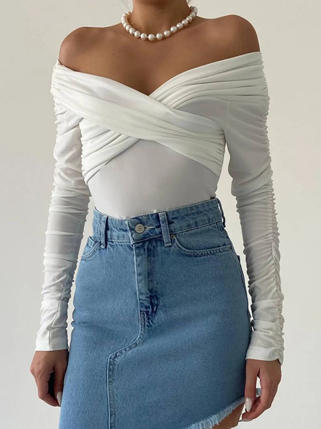 Bodysuit White Off-Shoulder Ruched Long Sleeve Jumpsuit a0d7928c99a841859b4ef94424651c6d-Max-Origin Trendsi