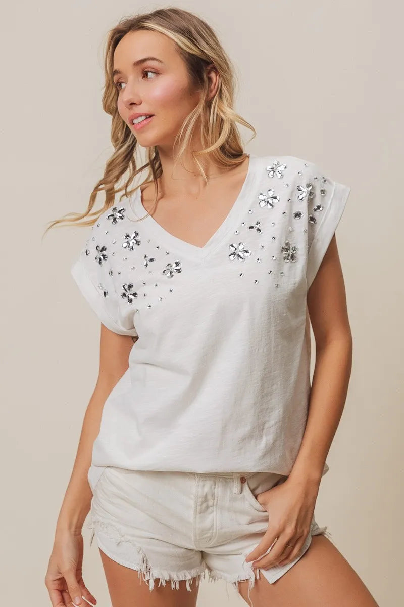 BiBi Cotton T-shirt Slub Jersey Rhinestone Flowers Beaded V Neck Top a0d882c644ee4791a513630e9348087b-Max-Origin Trendsi