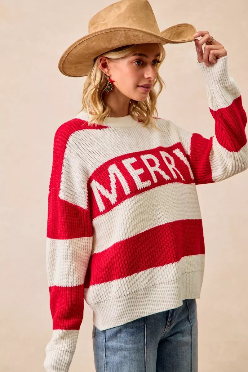 BiBi Christmas Women's Sweater Ivory Red Stripe Merry Lettering Oversized a0dcef3814d74af69f6623ee9a7e928a-Max-Origin Trendsi