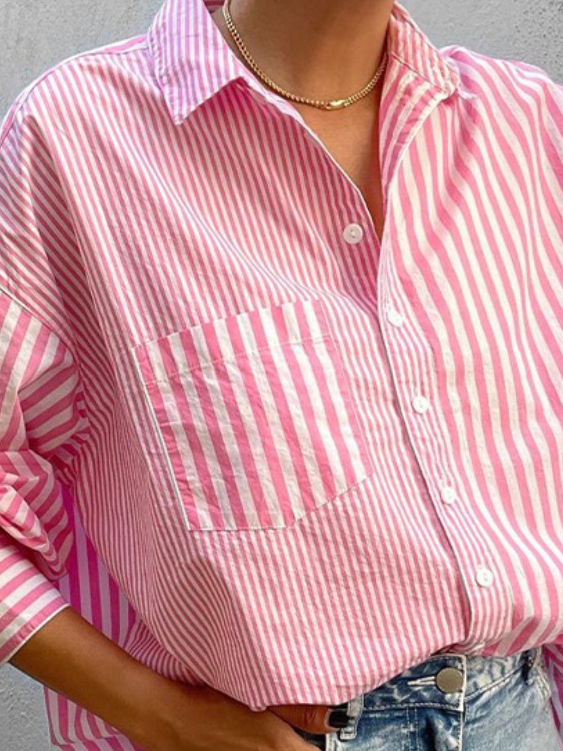 Women's Striped Shirt Button Down Long Sleeve Pink Pocketed Blouse Top a0edc491-6922-4ef7-84c8-96d6a488a17f-Max Trendsi