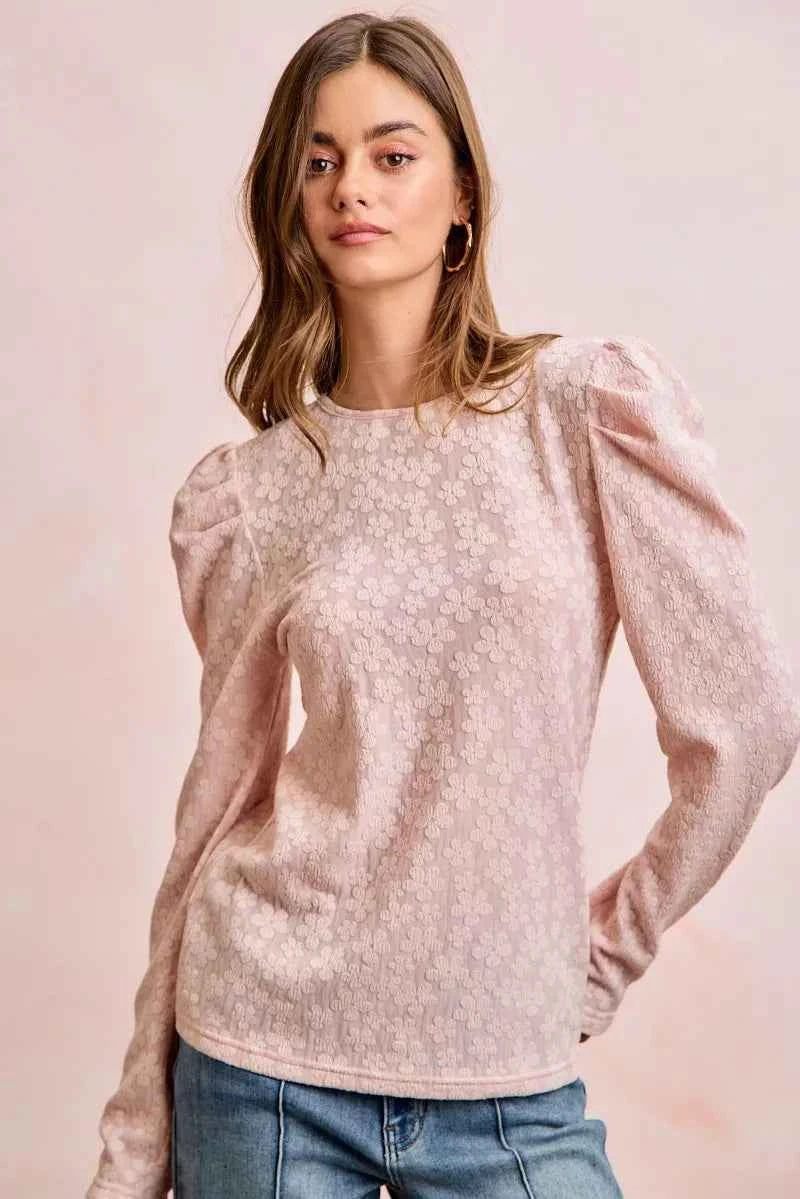 BiBi Women Blouse Textured Flower Knit Blush Pink Puff Shoulder Top Long Sleeve BLUSH a0f11f3d34554b40b064454b941a25d1-Max-Origin Trendsi