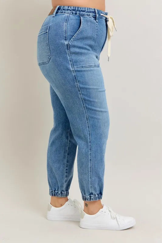 Judy Blue Denim Jogger Pants High Waist Drawstring Medium Wash a0f79604-d415-4a65-a25c-b62fbad209ff-Max-Origin Trendsi