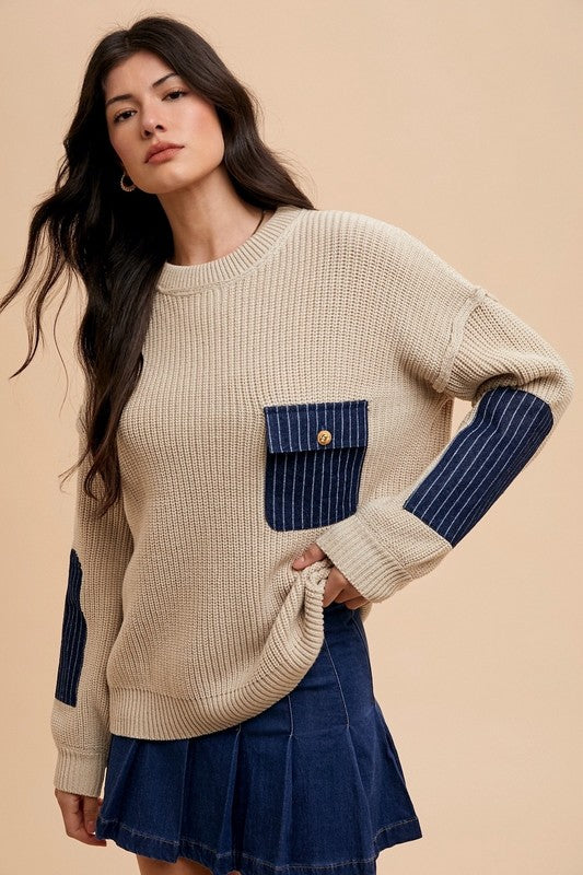 Annie Wear Sweater Contrast Round Neck Long Sleeve with Patch Pocket