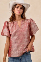 BiBi Jacquard Womens Blouse Red Woven Short Balloon Sleeves V Neck Top a119858faeb3412bb21ace712cfc666b-Max-Origin Trendsi
