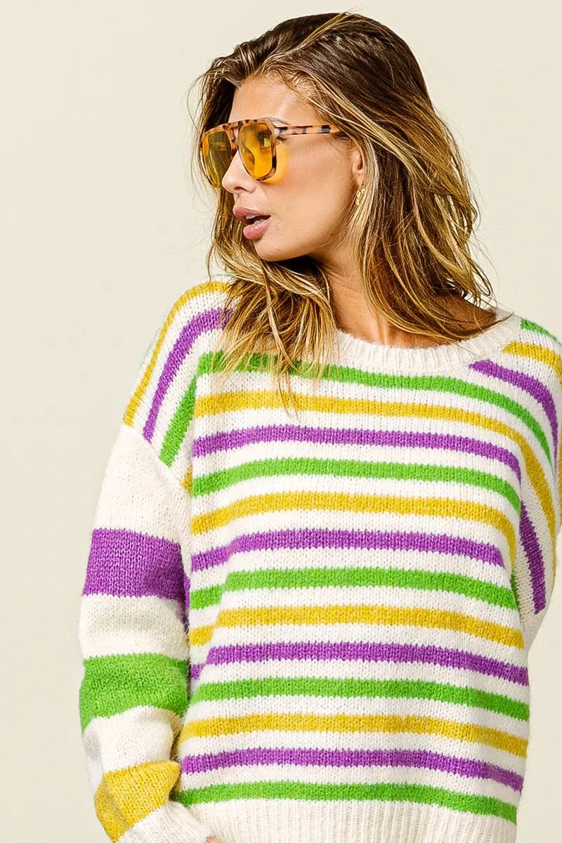 BiBi Womens Sweater Mardi Gras Colors Stripe Comfy Knit Pullover a11d307d553e4f7095019e627234a8b6-Max-Origin Trendsi