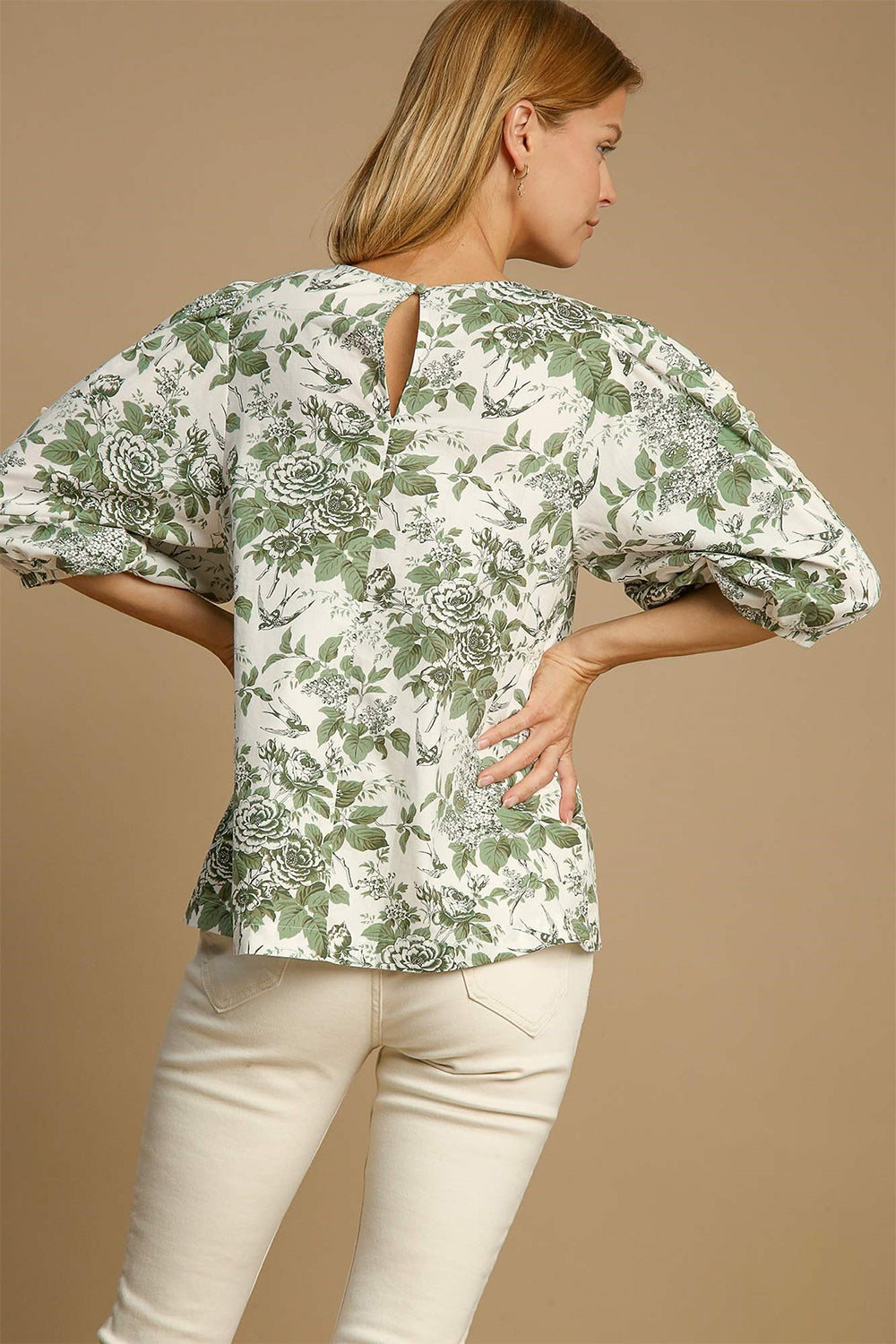 Umgee Floral Blouse Green Mix Pleated Detail Lace Trim 3/4 Sleeve a11f55df-9105-40d6-8af1-a408edcc68f8-Max Trendsi