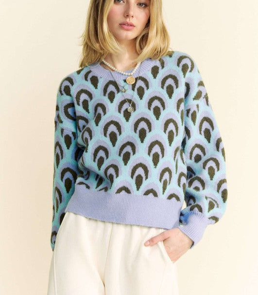 Davi & Dani Sweater Pastel Blue Eyelet Scale Jacquard Round Neck Drop Shoulder Pastel Blue