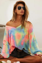 BiBi Tie Dye Womens Blouse Pastel French Terry V Neck Top Long Sleeve a122a3a53ea2402bbae878f2bdd558a0-Max-Origin Trendsi