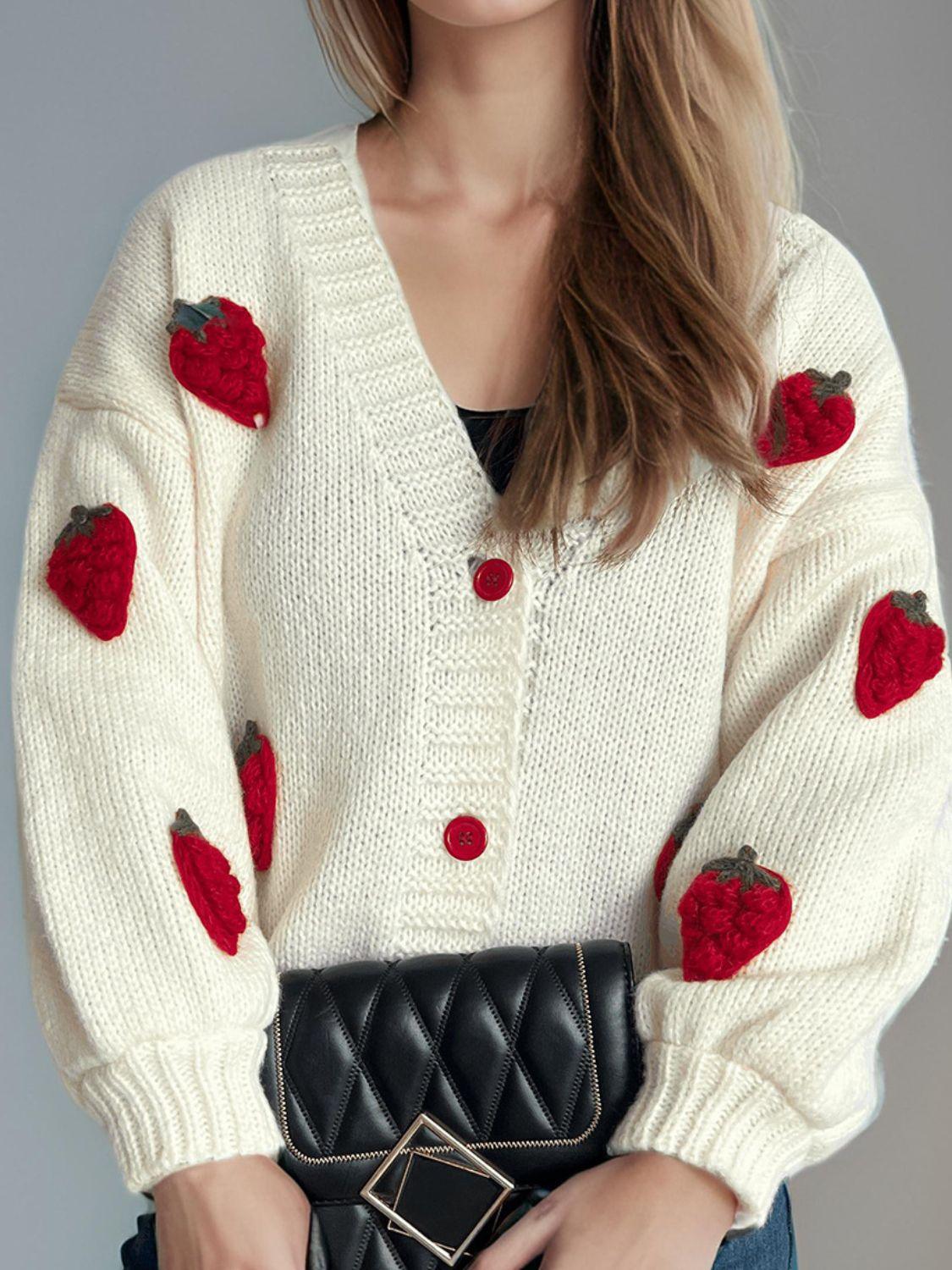 Crochet Cardigan Strawberry Embroidery V-Neck Long Sleeve Knitwear a125b521-44c8-44d0-a15c-043bb50099cf-Max Trendsi