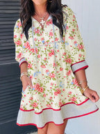 Striped Trim 3/4 Sleeve Puff Floral Dress with Pockets and Tie Detail
