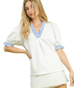 Umgee Women's Blouse French Terry Ruffle Trim Puff Short Sleeve Top
