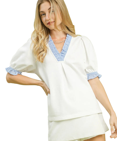 Umgee Women's Blouse French Terry Ruffle Trim Puff Short Sleeve Top