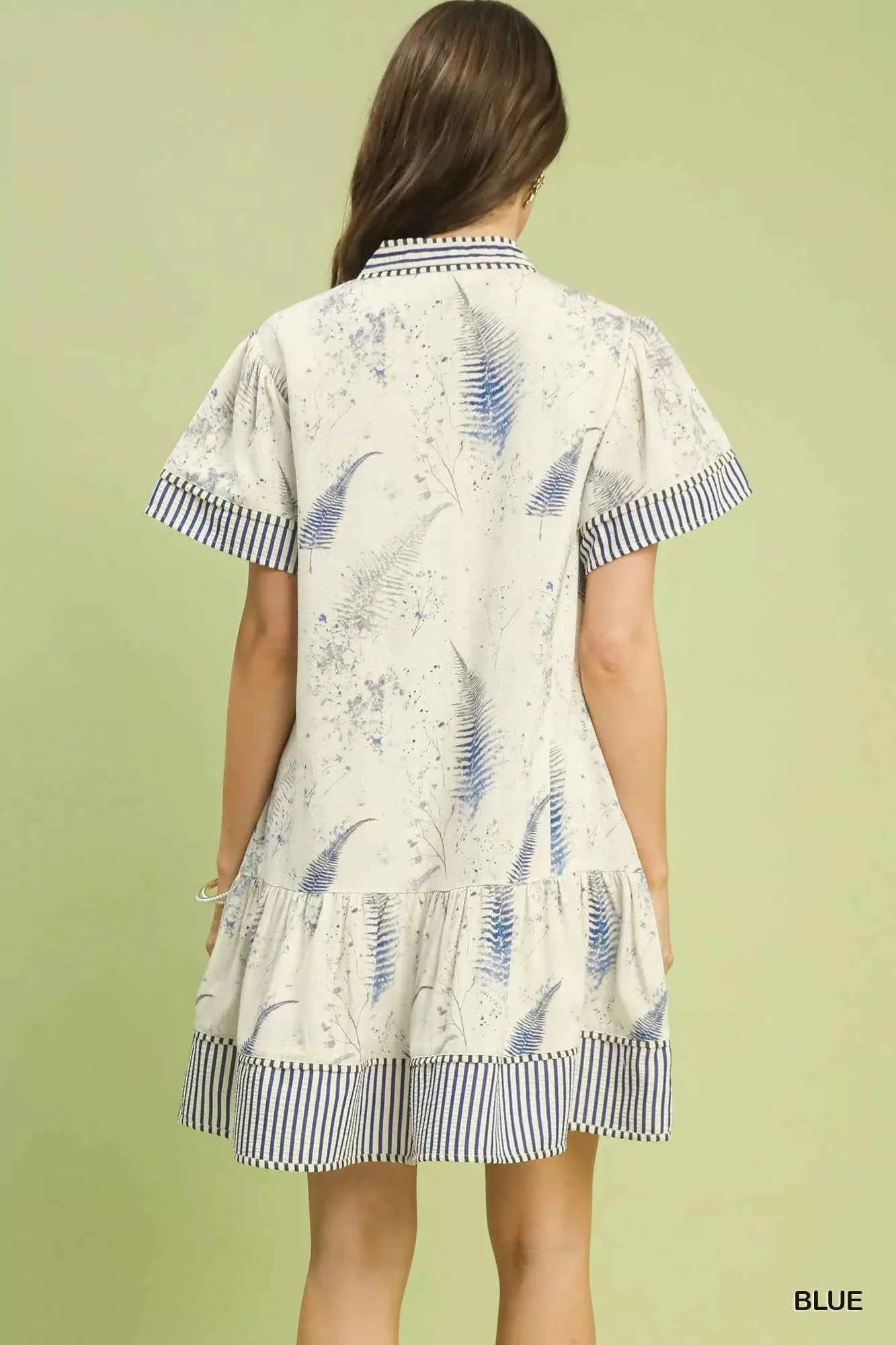 Umgee Linen Printed Button-Front Tiered Mini Dress