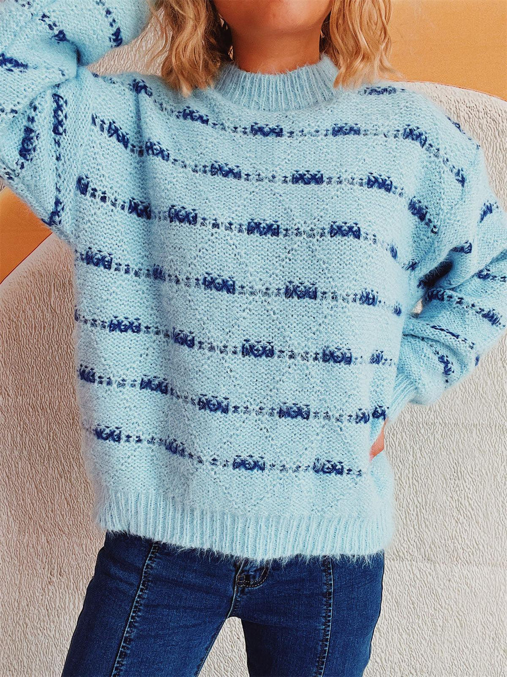 Striped Sweater Round Neck Long Sleeve Soft Knitwear Pastel Blue One Size a1323560-f9c5-4009-a28d-3376d3914421-Max Trendsi