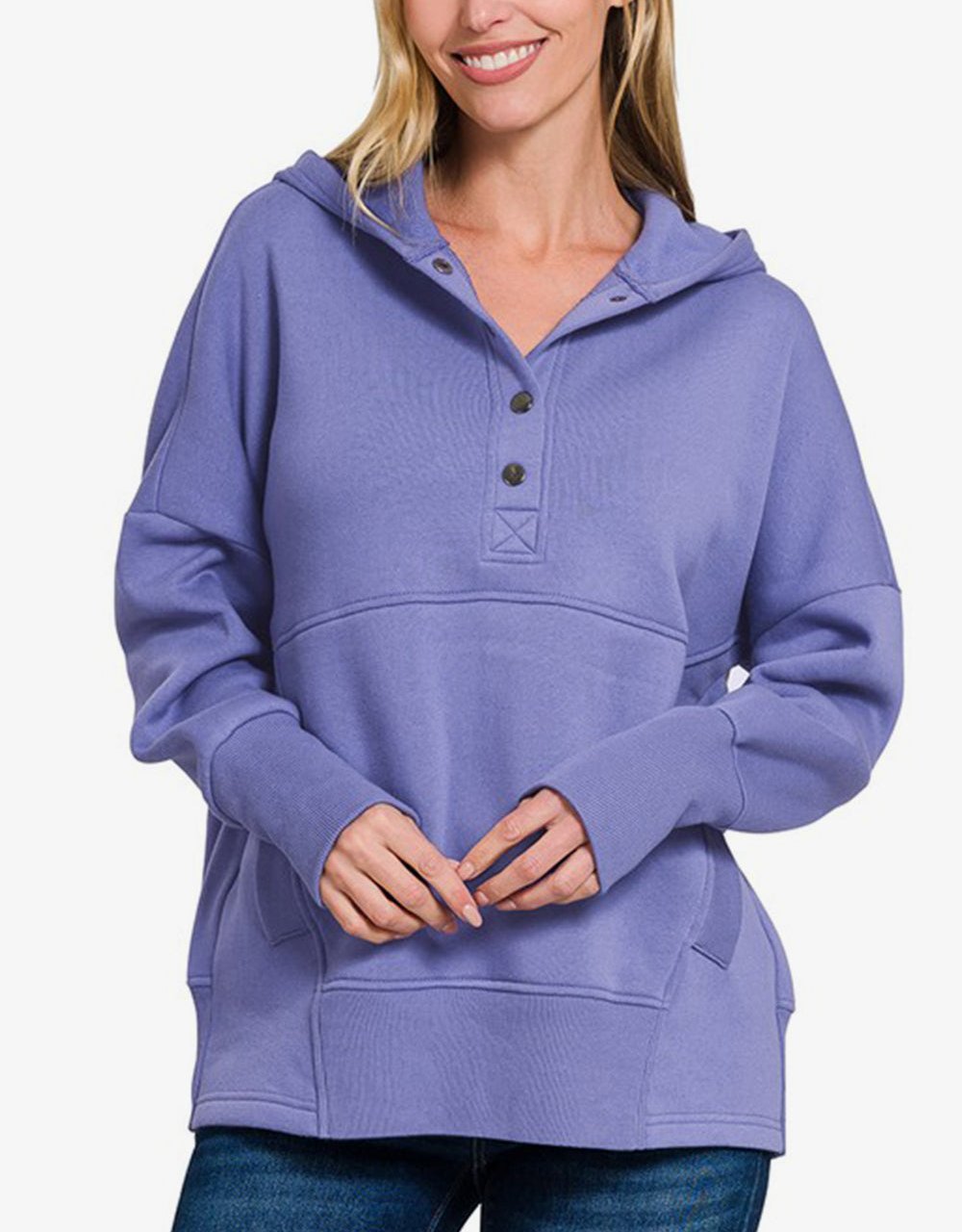 Zenana Hoodie Half Snap Blue Purple Hooded Long Sleeve with Kangaroo Pocket