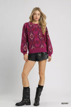 Umgee Womens Sweater Berry Boho Patterned Long Sleeve Pullover a137f917-c0b3-41e7-9512-7da4c50be6a7-Max-Origin Trendsi