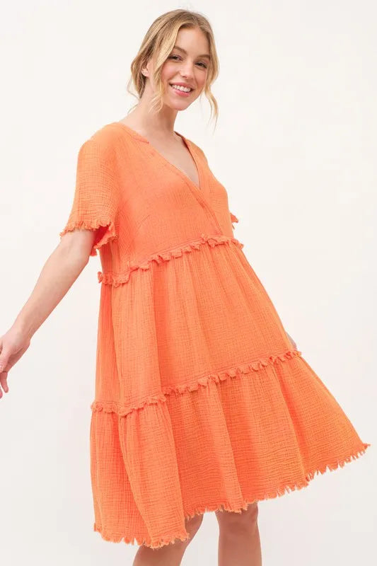 And The Why Tiered Dress Orange Washed Frayed Detail Raw Hem Short Sleeve a13e3df41c38446eb79a4173564f3575-Max-Origin Trendsi