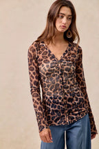 BiBi Women's Shirt Leopard Printed Mesh With Button Up V Neck Long Sleeve a13edcc3a14544d68424e5d2c1281d1b-Max-Origin Trendsi