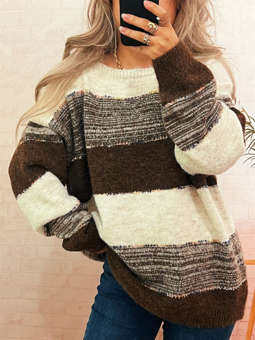 Women's Sweater Color Block Stripe Dropped Shoulder Knit Pullover Brown One Size a145871083524f5fb6d46388cd43a970-Max-Origin Trendsi