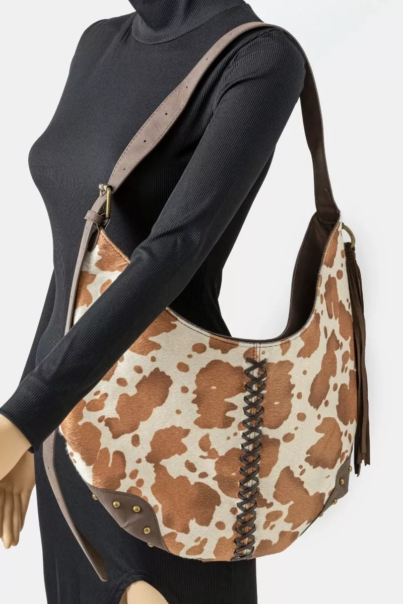 Fame Cow Print Hobo Shoulder Bag with Studded Details BR one size a14686762e894c4eb4786df376d9b1d2-Max-Origin Trendsi
