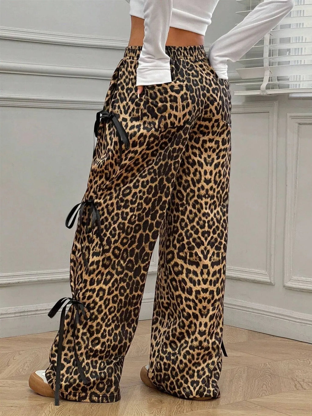 Women's Cargo Pants Black Wide Leg with Side Tie Details Leopard a14d93af82634bb887180678acd86612-Max-Origin Trendsi