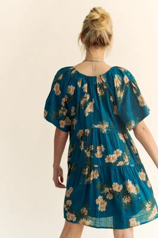 Davi & Dani Mini Dress Floral Print Teal Blue Short Bell Sleeve Pleated Pocketed a15323e1ea1c4dbea9604fb80f85c401-Max-Origin Trendsi