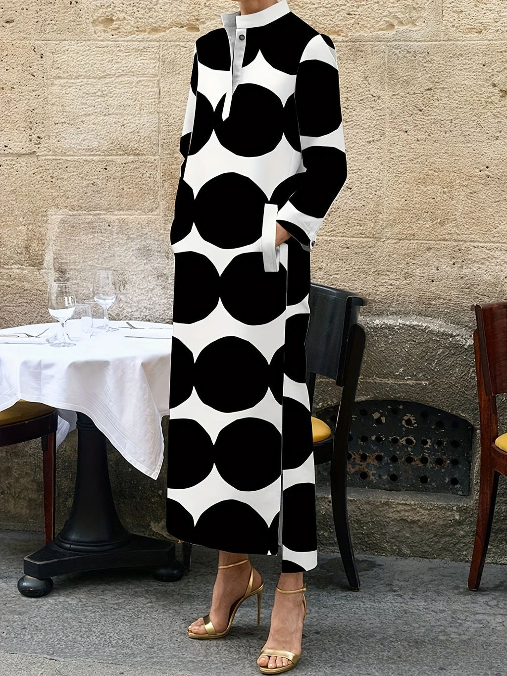Polka Dot Print Long Sleeve Midi Dress with Pockets and Button Details