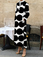 Polka Dot Print Long Sleeve Midi Dress with Pockets and Button Details