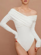 Bodysuit White Off-Shoulder Ruched Long Sleeve Jumpsuit a1591aee-9c21-43bd-92bf-b181ba94535a-Max-Origin Trendsi
