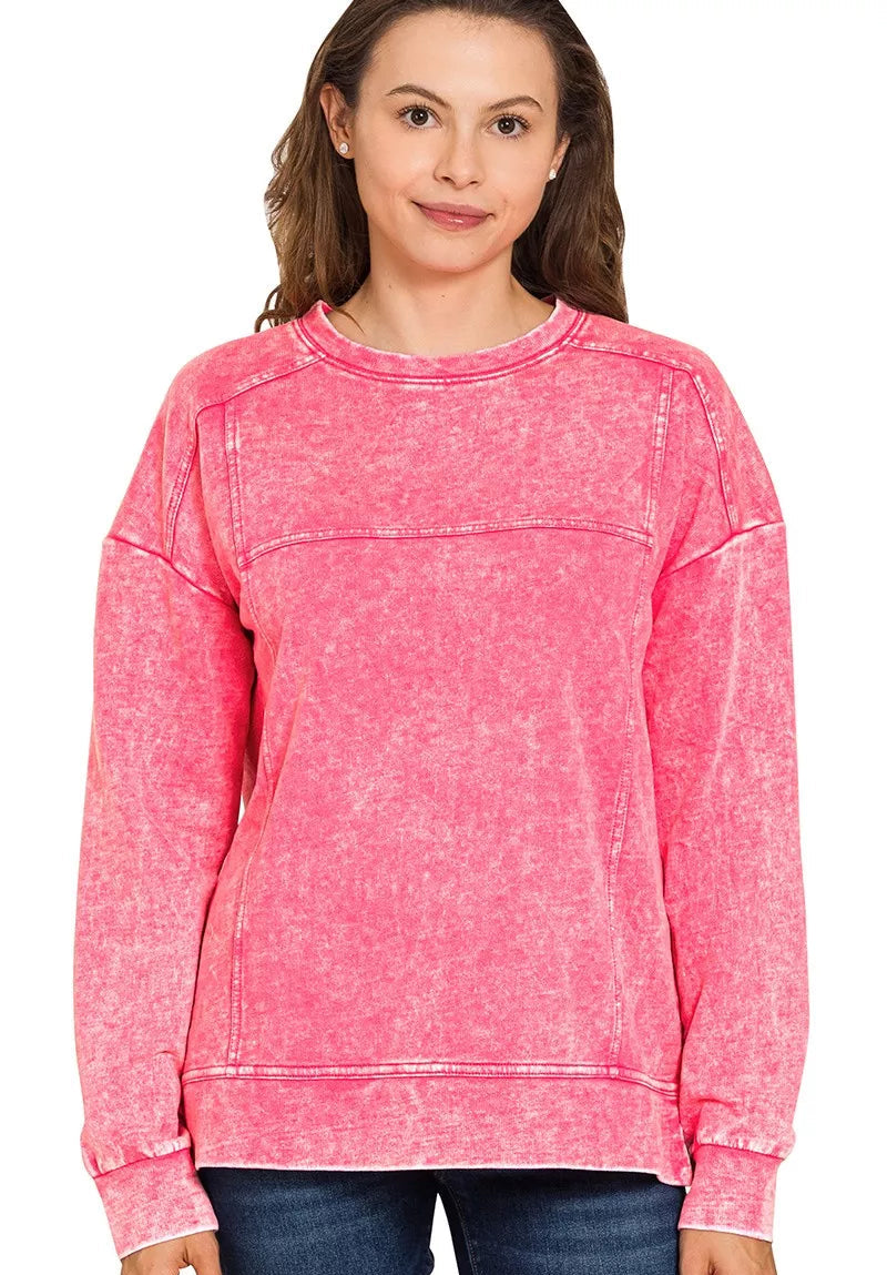 Zenana Acid Wash French Terry Exposed-Seam Pullover
