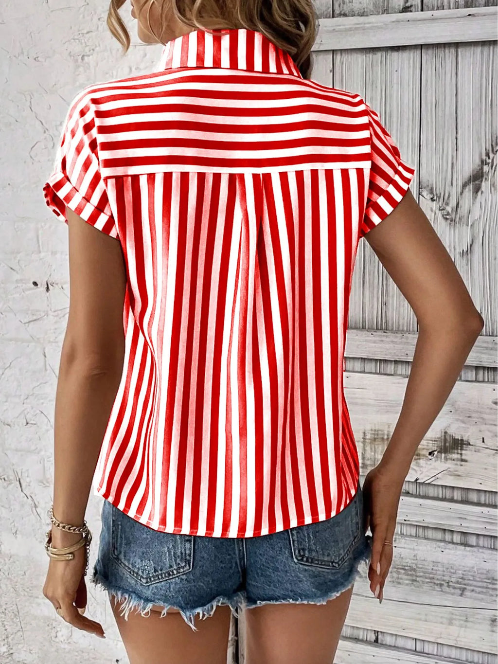 Women's Shirt Striped Short Sleeve Top with Pocket a15cb9d5-f25a-4cc5-9401-1de6422720a3-Max-Origin Trendsi