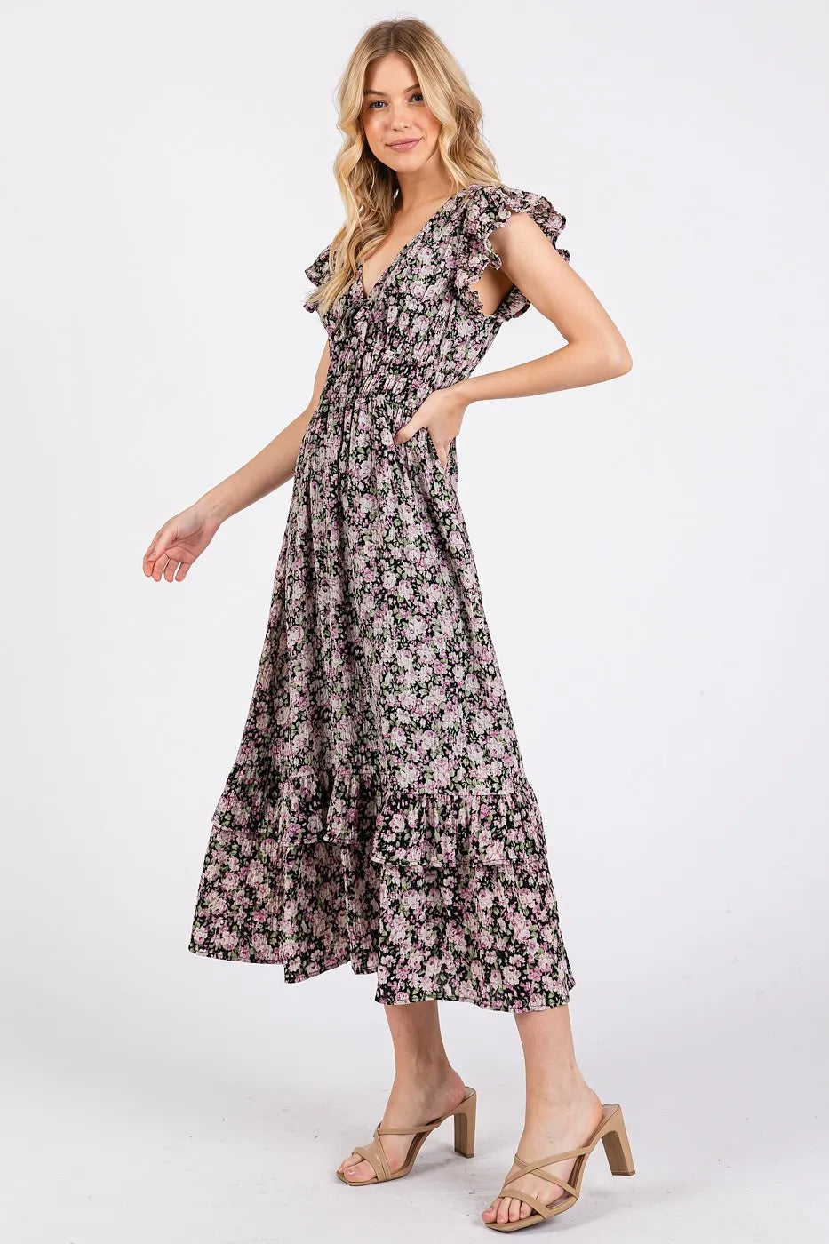 Mittoshop Midi Dress Black Floral Flower Print Ruffle Cap Sleeve V-neck a15cc2630784497b96a4a7a5a5c792df-Max-Origin Trendsi