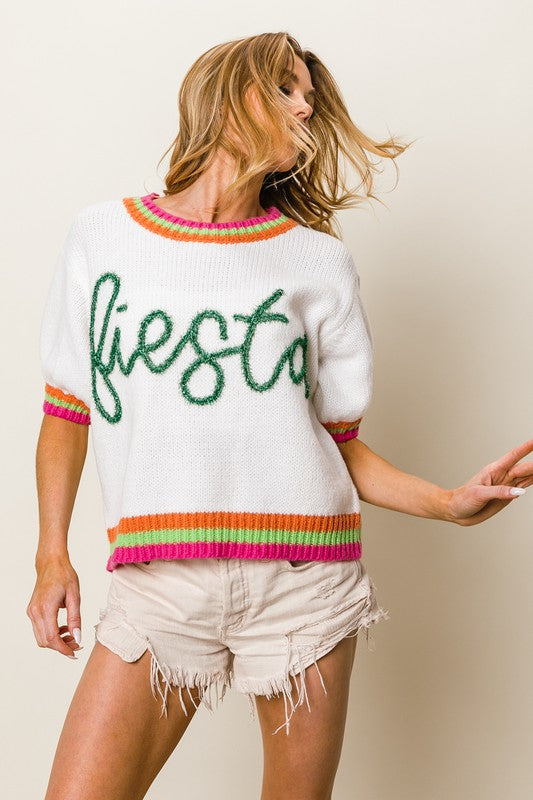 BiBi Sweater FIESTA Metallic Letter Embroidery Short Puff Sleeve Knit Top Green a1645b56-760f-4266-8faf-15fe666d4652-Max Trendsi